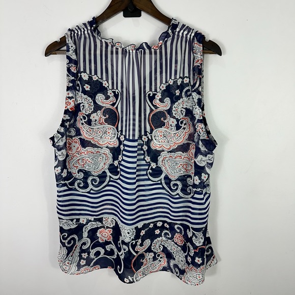 Cabi Top L Navy Paisley Stripe Sheer Boho Preppy Coastal Grandma Indie Chic - Picture 4 of 6
